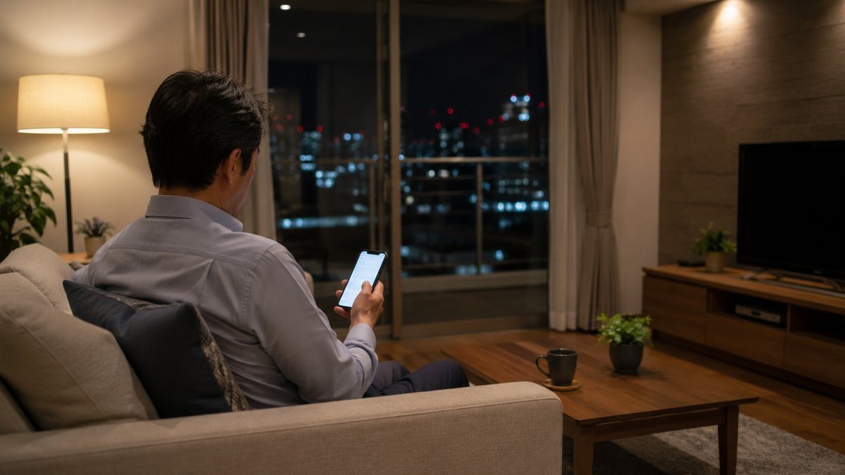 離れて暮らす兄弟が夜のリビングでスマートフォンのメッセージを見ている様子