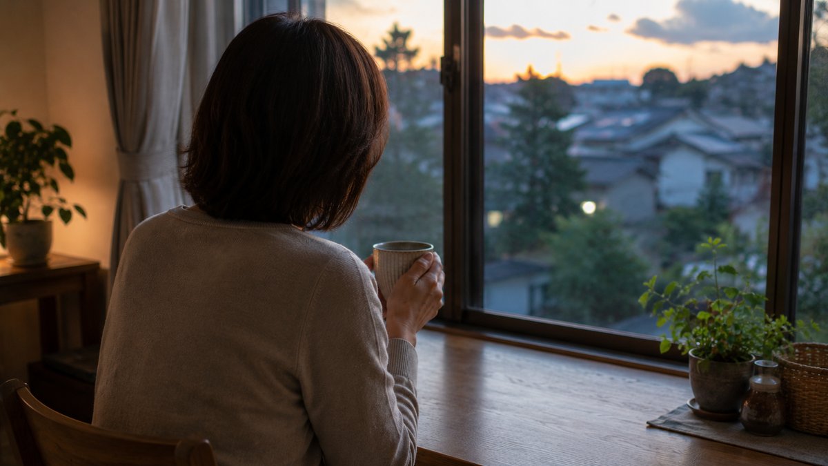 夕方の窓辺で考えごとをする女性の後ろ姿
