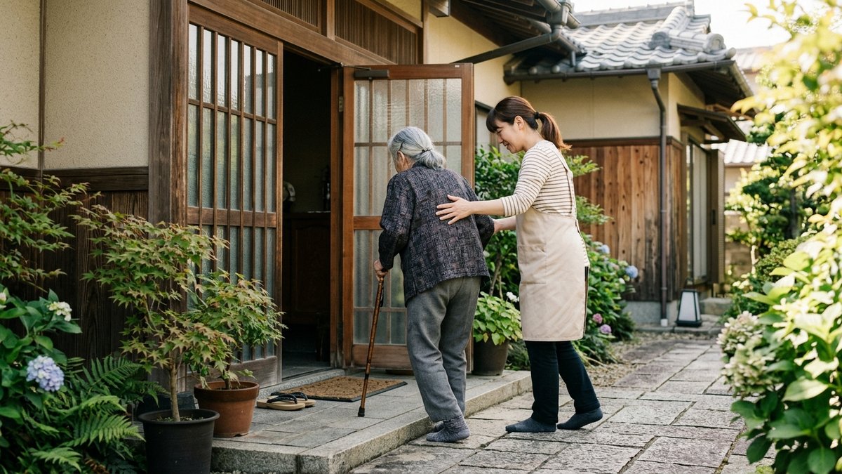 玄関先で高齢の女性を優しく支える訪問介護スタッフ