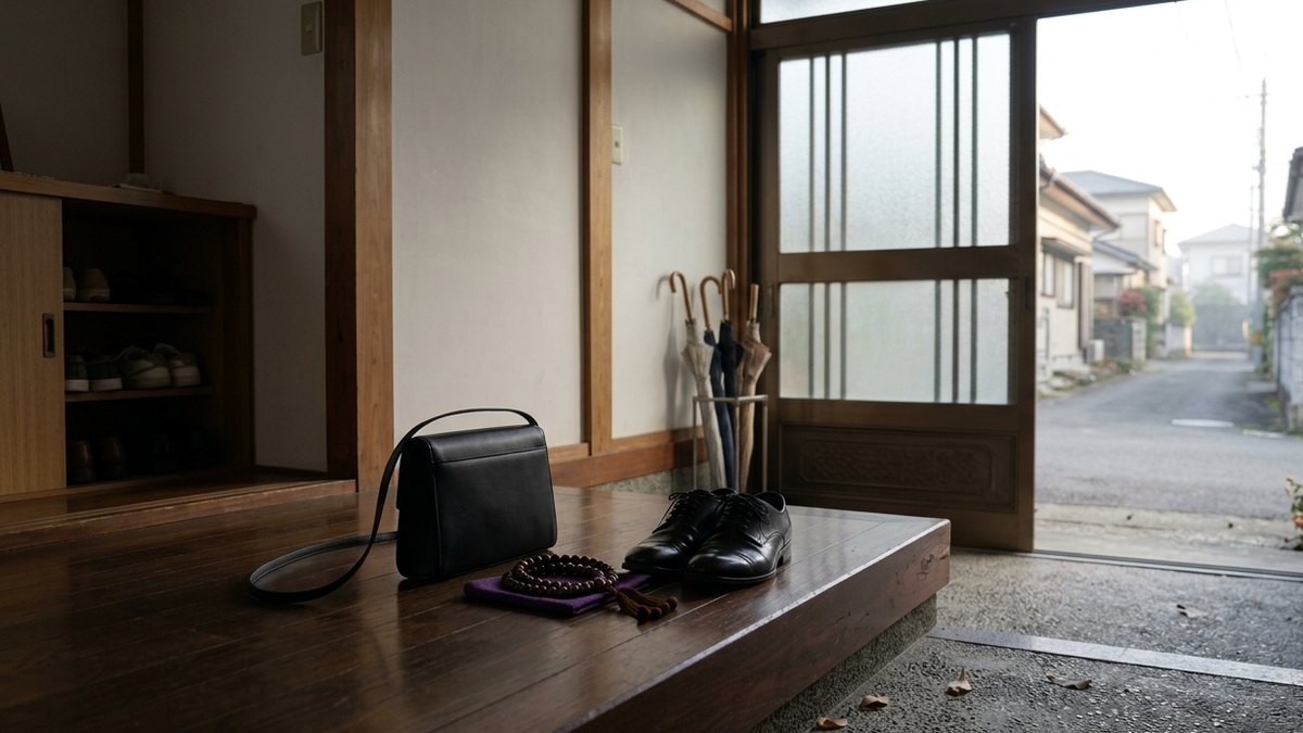 葬儀に参列するために玄関に用意された礼装のかばんと数珠