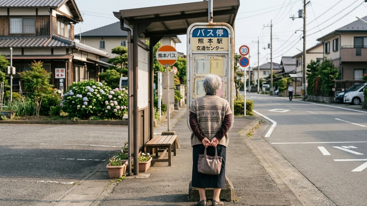 免許返納後の足としてバス停で時刻表を確認する高齢女性