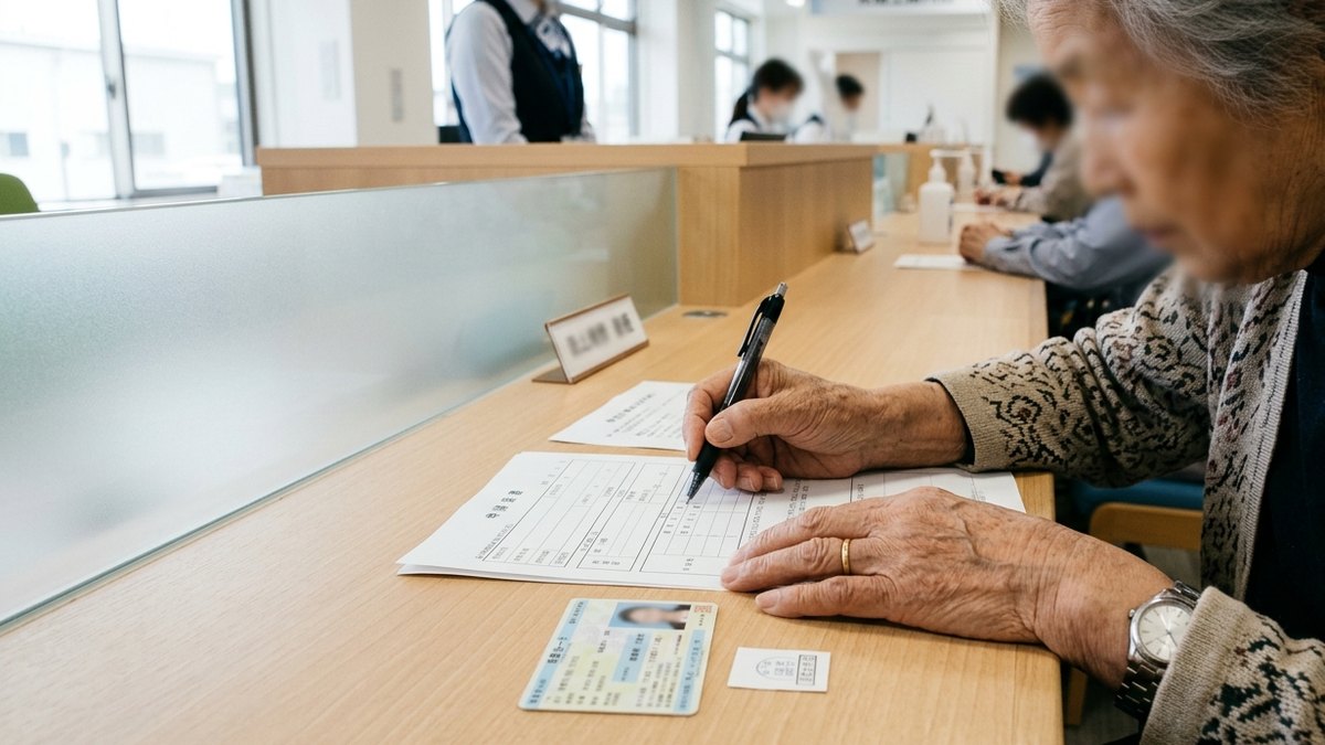 運転経歴証明書の申請書に記入する高齢者の手元