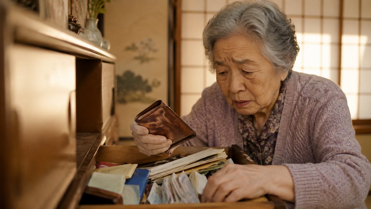 財布を手に引き出しの中を探す認知症の高齢の母