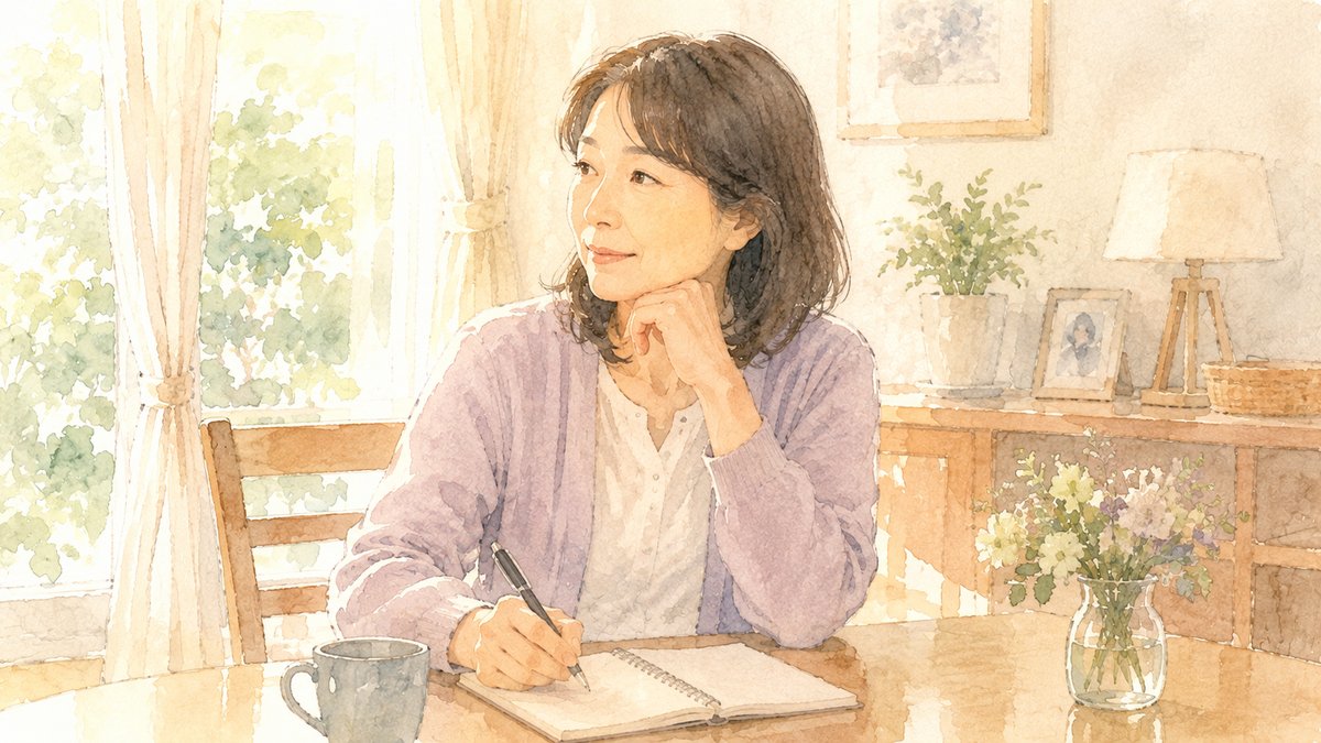 ノートに書きながら考えを整理する50代の女性