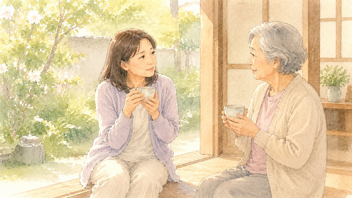 縁側でお茶を飲みながらゆっくり話す娘と高齢の母