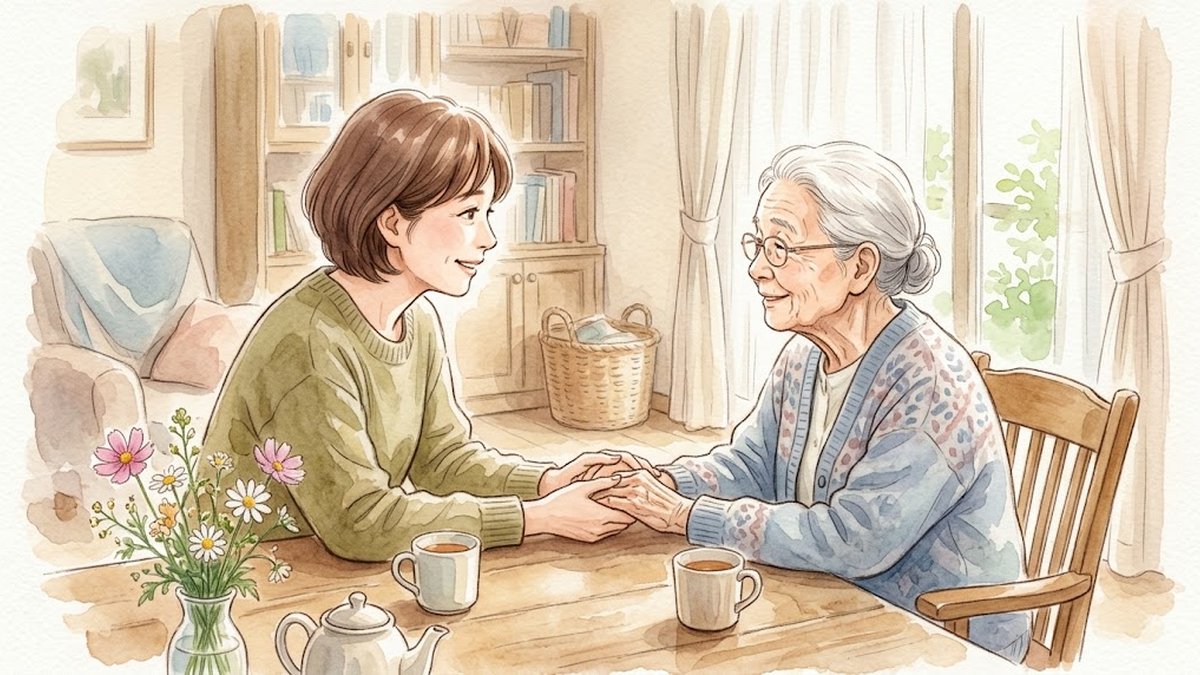 高齢の母の手を取って目を見て話す娘