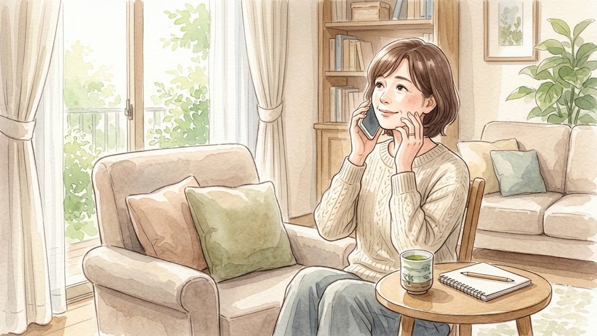 リビングで電話をかける50代の女性