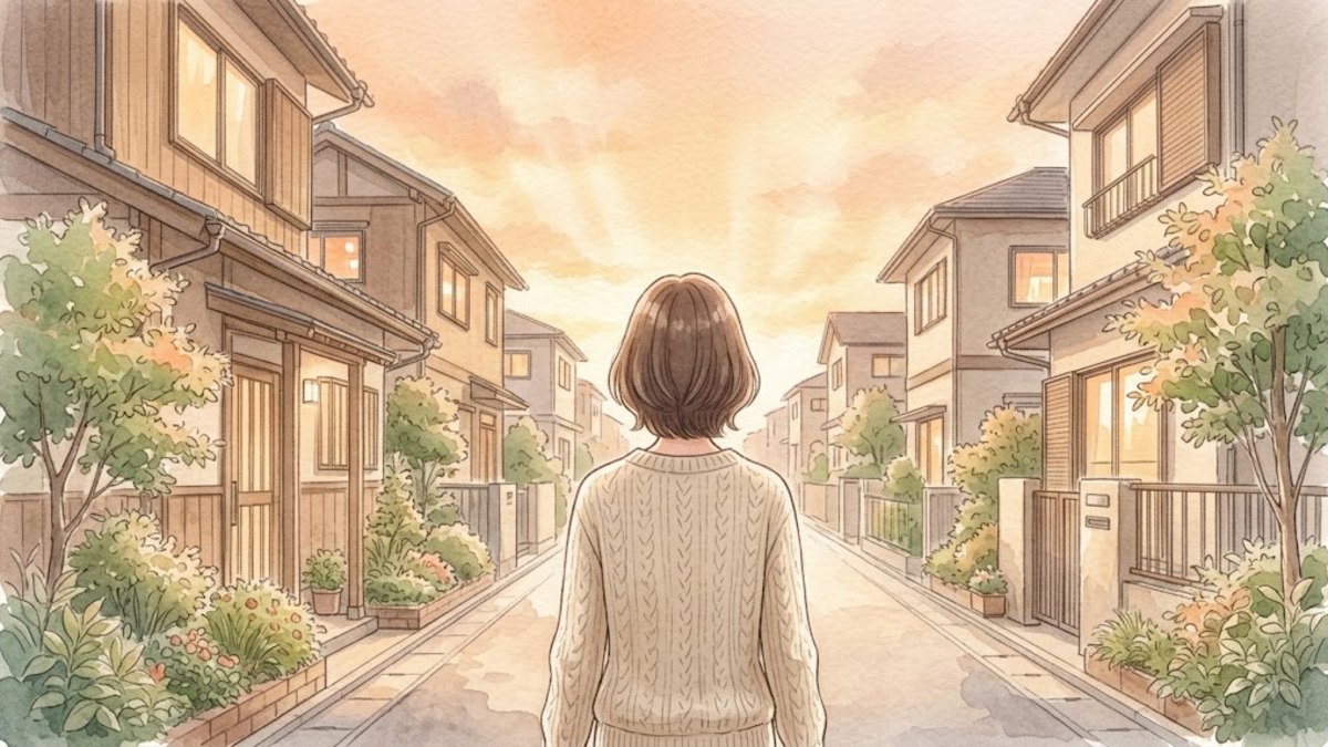 夕方の住宅街をひとりで散歩する女性の後ろ姿