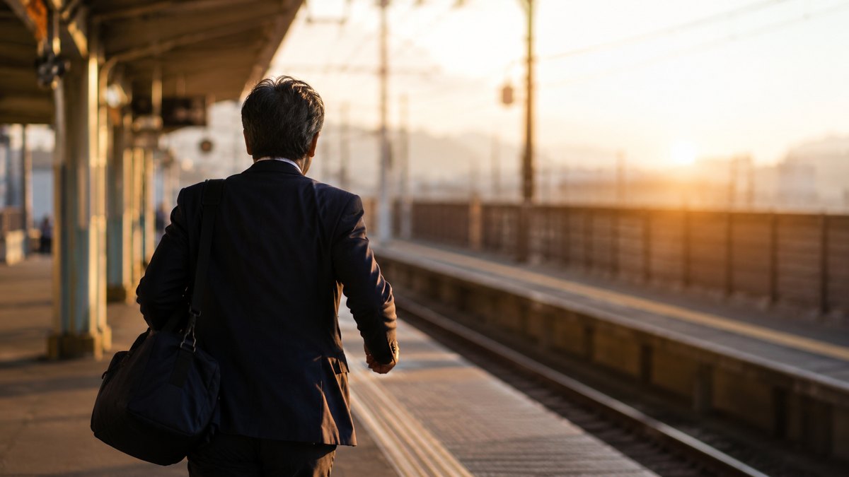 早朝の駅のホームで実家へ向かう50代男性の後ろ姿