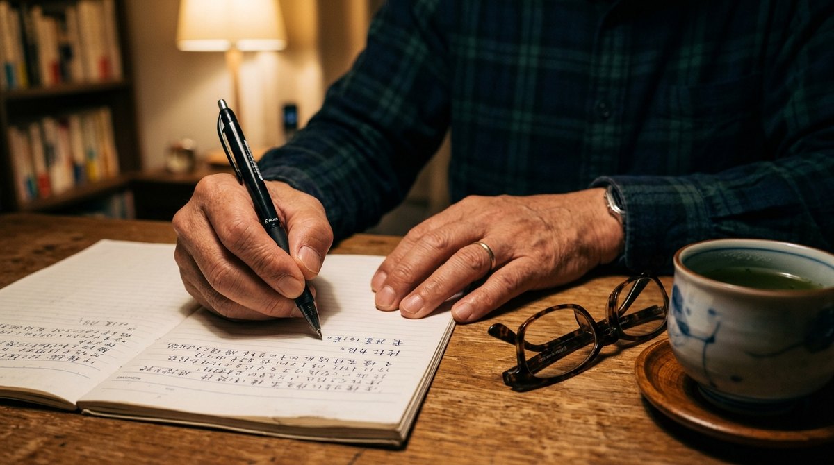 ノートに親の様子を日付つきで書き留める手元