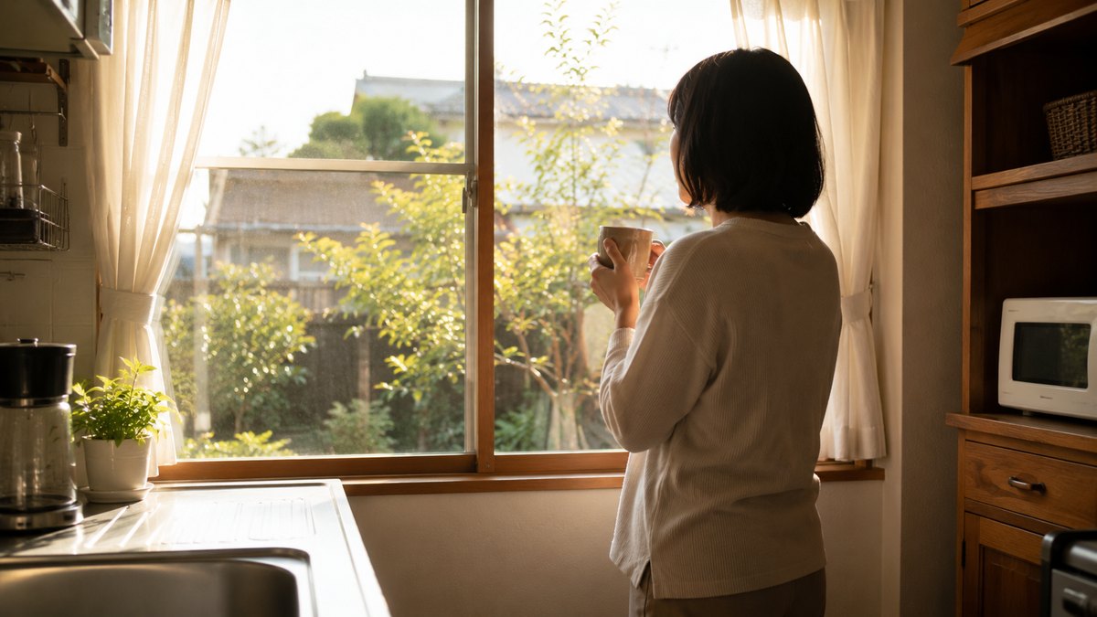 朝の窓辺で気持ちを整理する、親の介護に悩む50代の女性