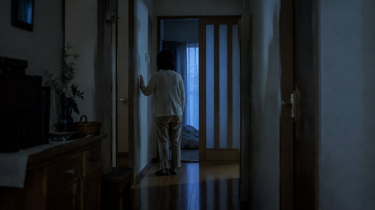 高齢の親と関わりたくないと感じて薄暗い廊下で立ち止まる家族