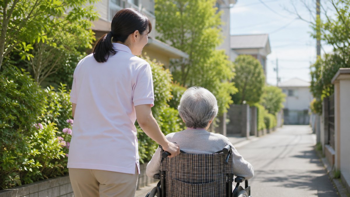 介護のプロが車椅子の高齢者と散歩する様子。家族が抱え込まない選択