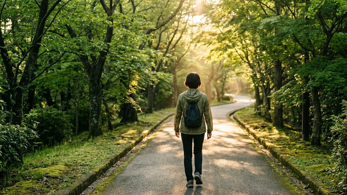 朝の並木道を歩き出す人の後ろ姿。自分の人生を取り戻す一歩
