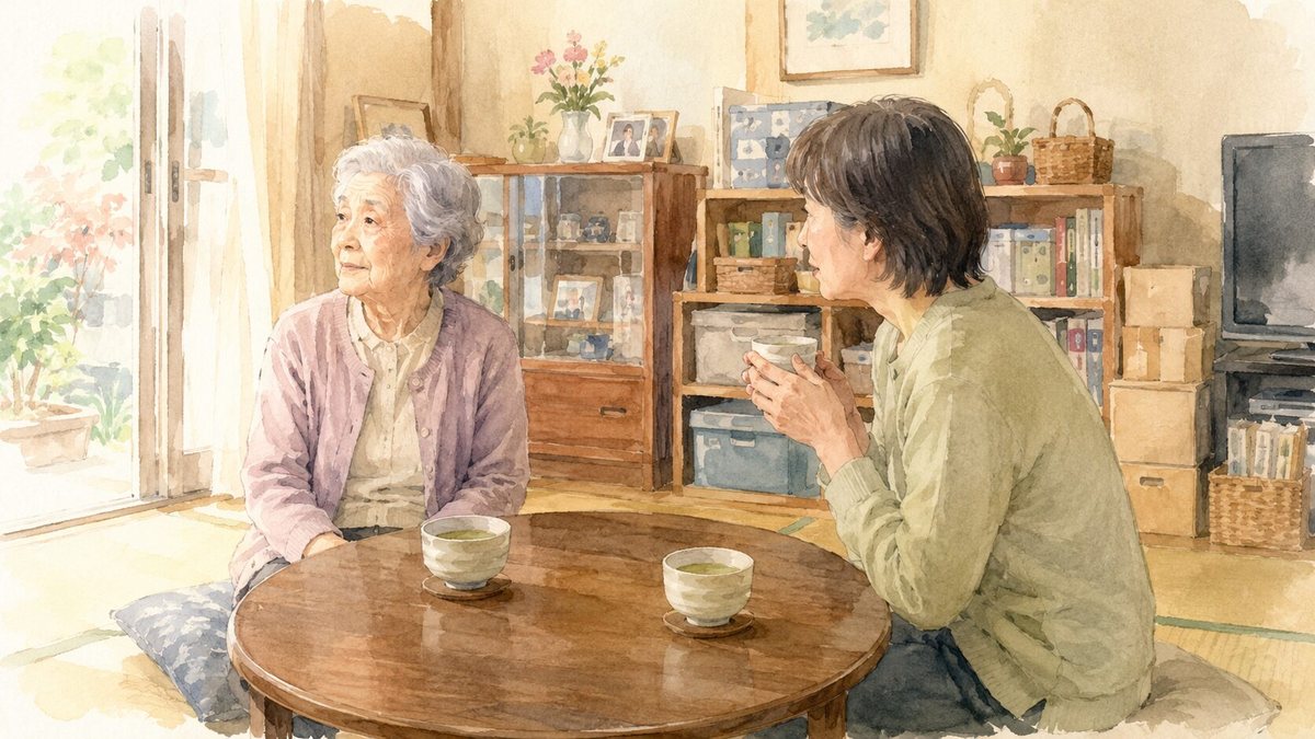 実家の居間でちゃぶ台を挟んで向かい合う80代の親と50代の子。背景の棚には物や段ボール箱が積まれている