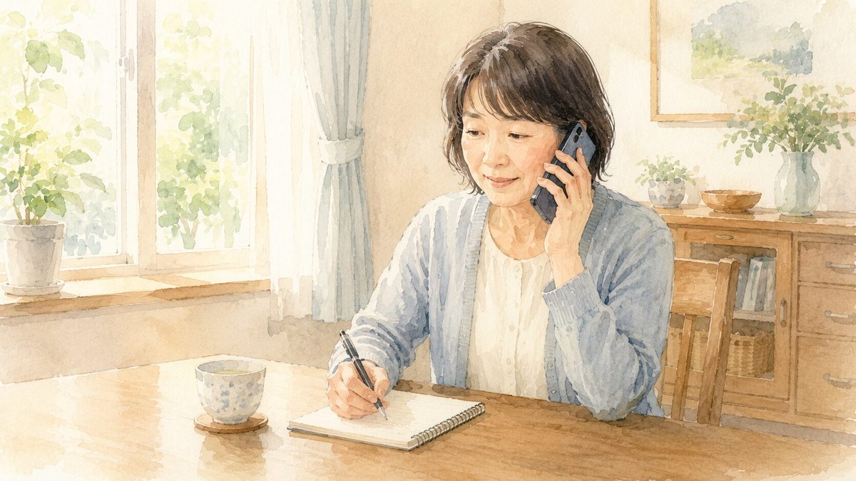 自宅のダイニングテーブルで相談窓口に電話をかけ、メモを取りながら話を聞いている50代の女性