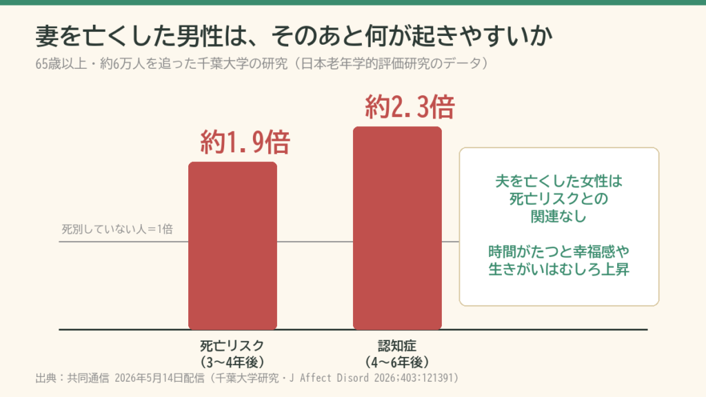 父が死んで母がおかしいと感じたときの目安:妻を亡くした高齢男性は死亡リスク約1.9倍・認知症約2.3倍(千葉大学研究のグラフ)