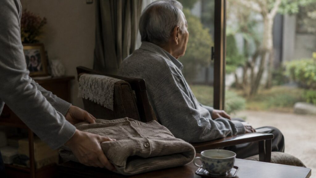 母が死んで父がおかしい…妻を亡くし外に出なくなった高齢の男性の後ろ姿と、そばに上着を置く娘の手