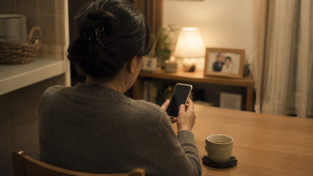 母が亡くなって後悔ばかり…夕方の台所でスマートフォンを手に、親に電話をかけようか迷う50代の女性の後ろ姿