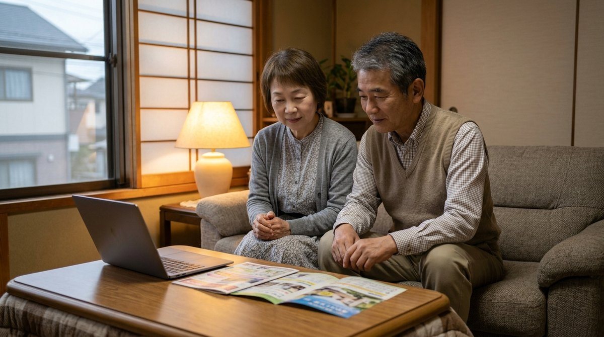 老人ホームの資料を夫婦で見比べる