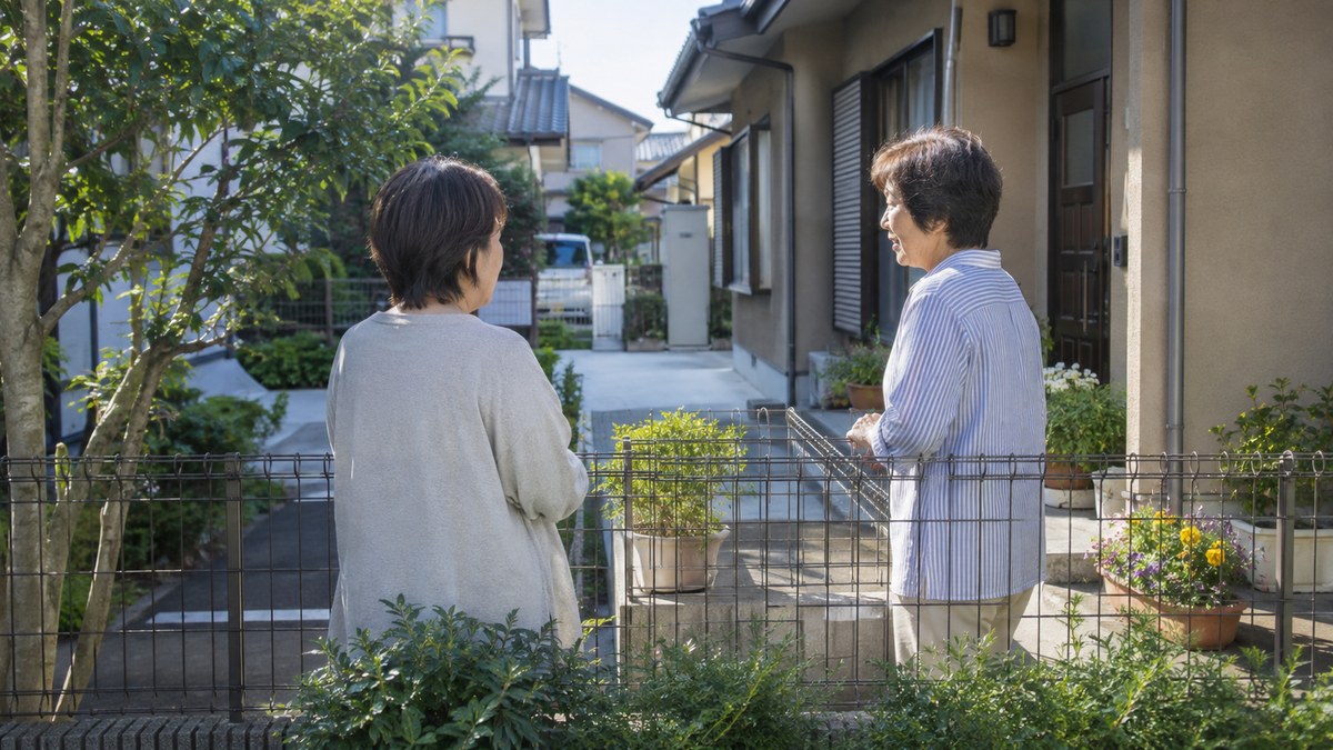 隣の家の人に蜂の巣のことを伝える場面のイメージ。柵ごしに話す近所同士
