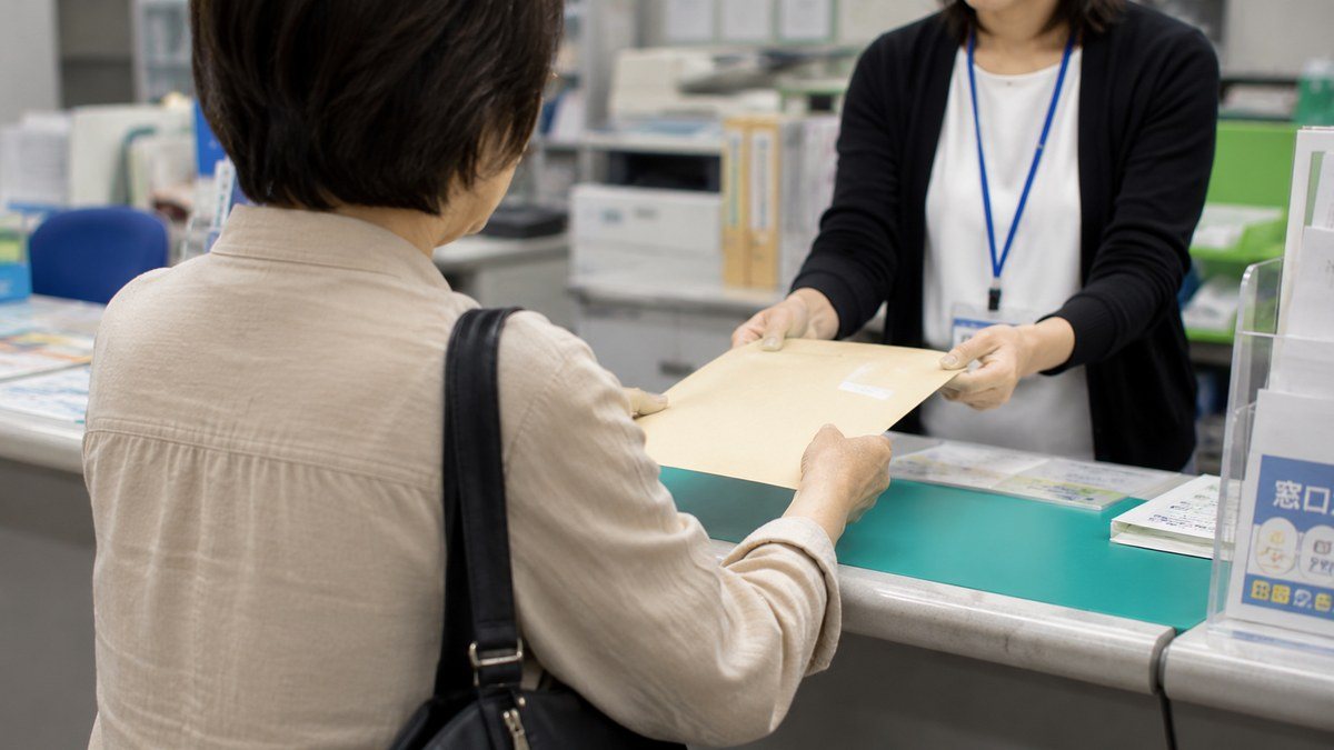 市区町村の窓口で書類の入った封筒を職員に手渡している場面