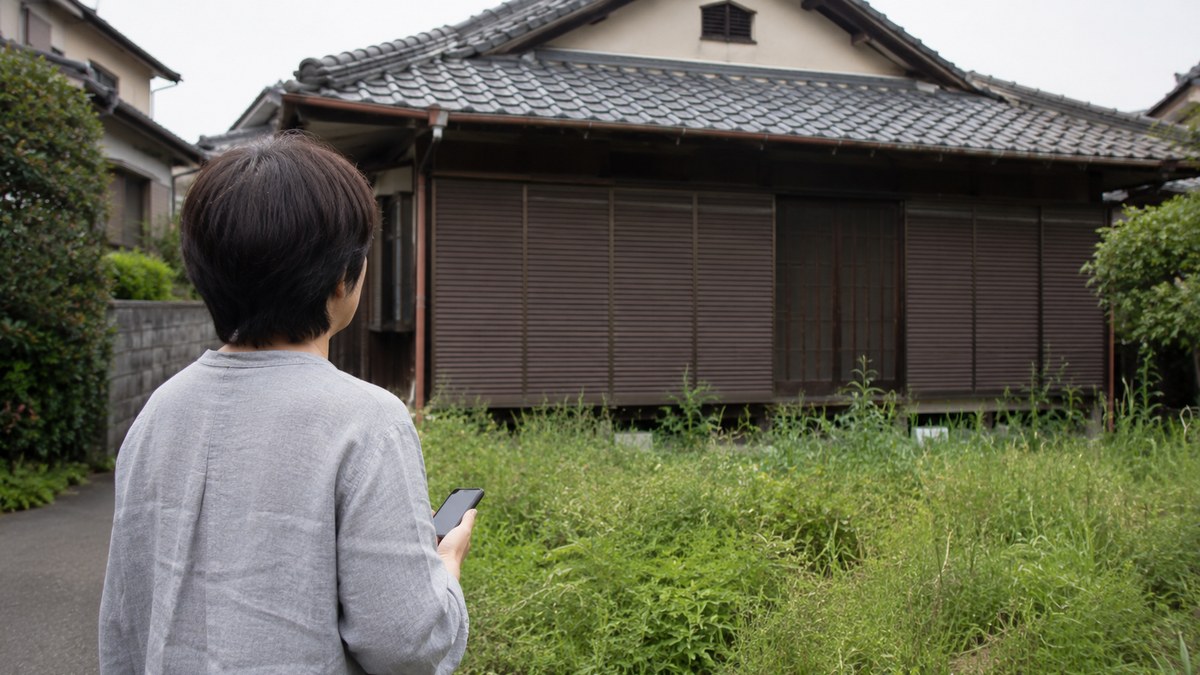 雨戸が閉まったままの実家を、スマートフォンを手に眺める家族の後ろ姿