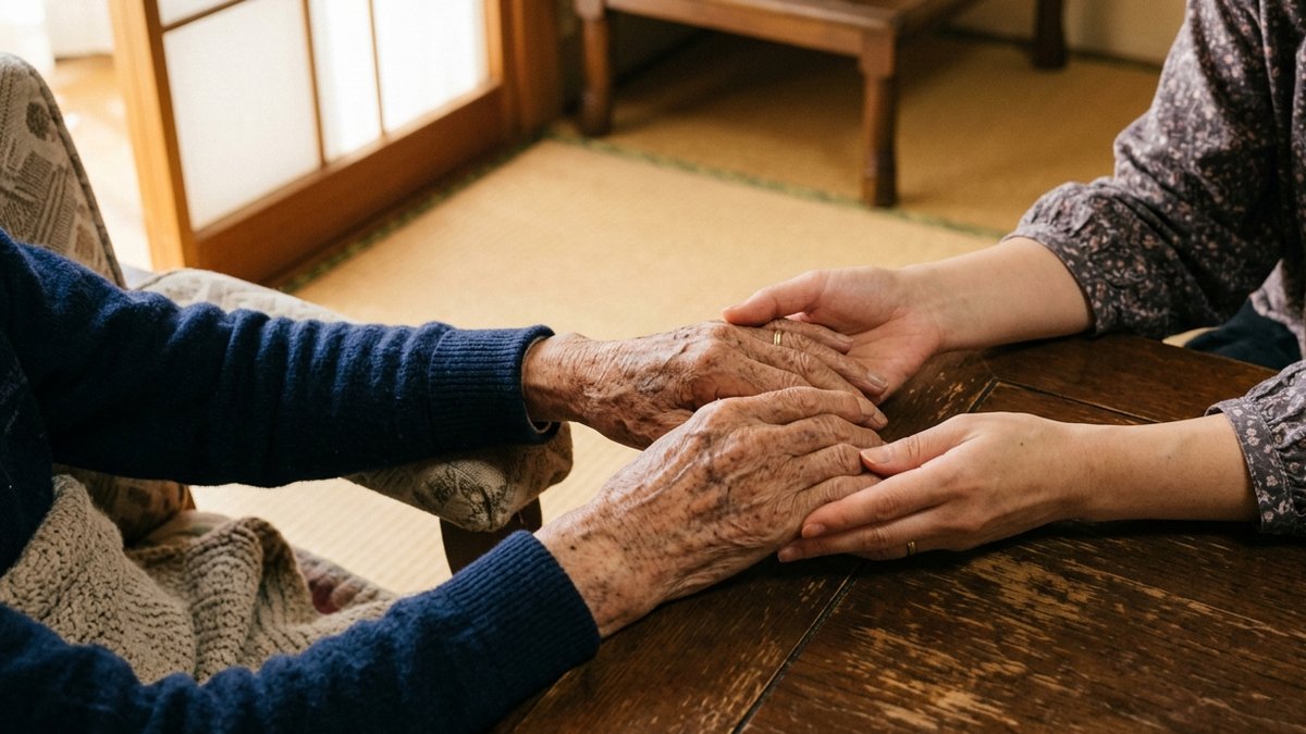 在宅介護を続ける家族が高齢の親の手を支える様子