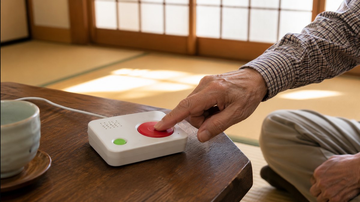 和室の座卓に置かれた通報機器の大きな赤いボタンを高齢男性の指が押している手元