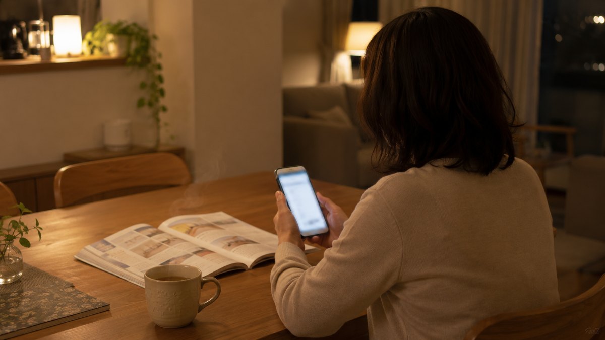 夜のダイニングでスマートフォンの画面を見ながら見守りサービスの口コミを調べる女性の後ろ姿