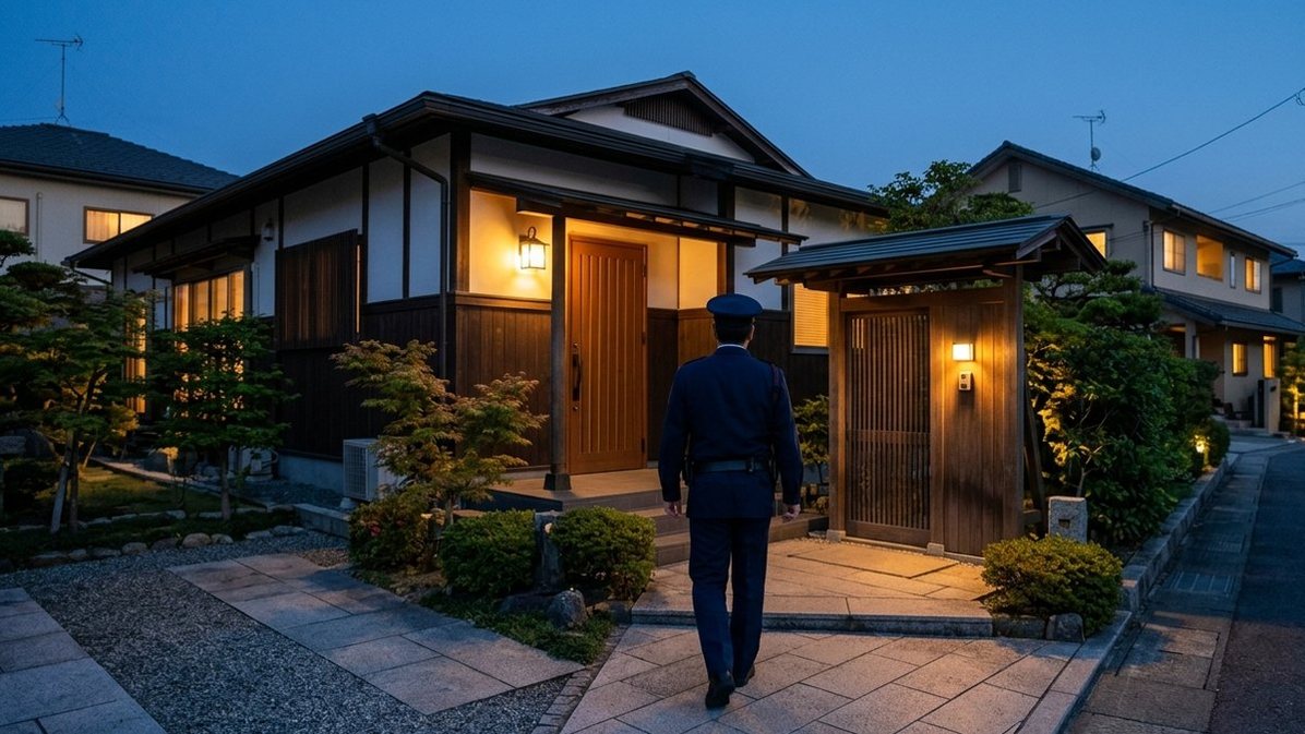 住宅の玄関先に向かう制服の警備員の後ろ姿と夕方の住宅街
