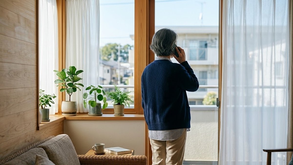 明るい窓辺で離れて暮らす親に電話をかける女性の後ろ姿