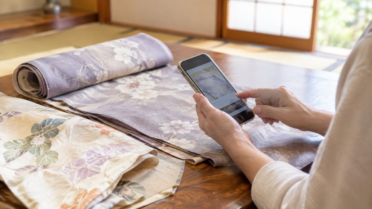 和室の座卓に広げた着物の前で、スマートフォンを見ている女性の手元