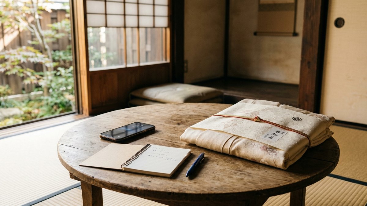 ちゃぶ台の上のスマートフォンとメモ帳、たとう紙に包まれた着物
