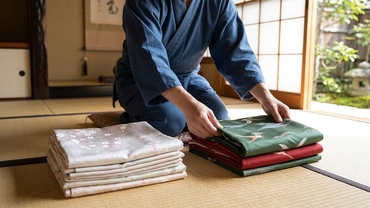 畳の上で着物を二つの山に分けている手元