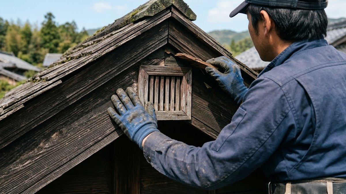 木造住宅の軒下の通気口を点検する作業員の手元