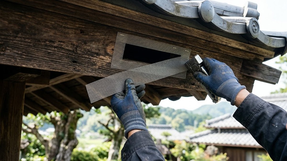 軒下の通気口に金網を取り付ける作業の手元