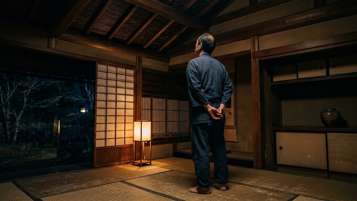 夜の和室で天井を見上げる男性の後ろ姿