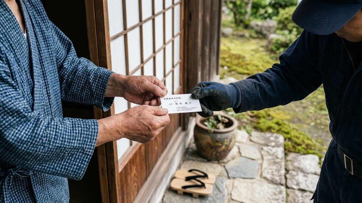 玄関先で作業服の担当者から名刺を受け取る手元