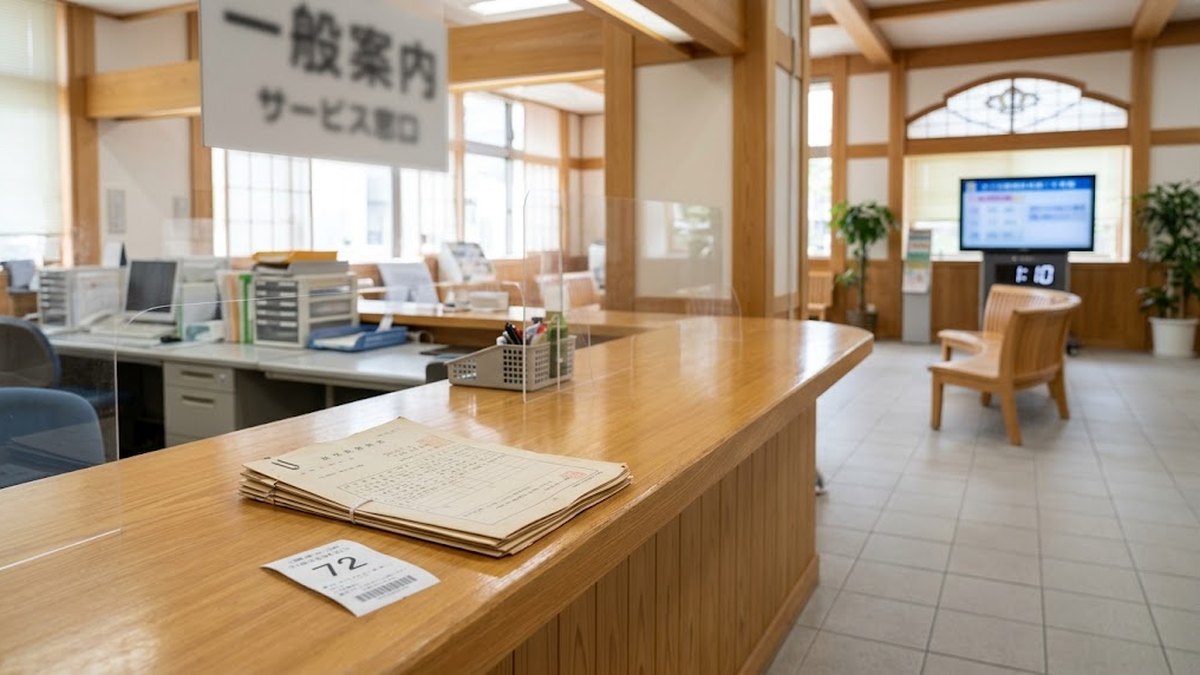 市役所の案内窓口カウンターと書類