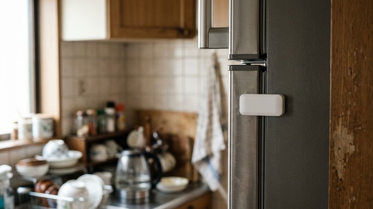 実家の冷蔵庫のドアに貼られた小さな白い開閉センサーのクローズアップ。MANOMA 親の見守りセットの開閉センサーは貼るだけで生活リズムが分かる