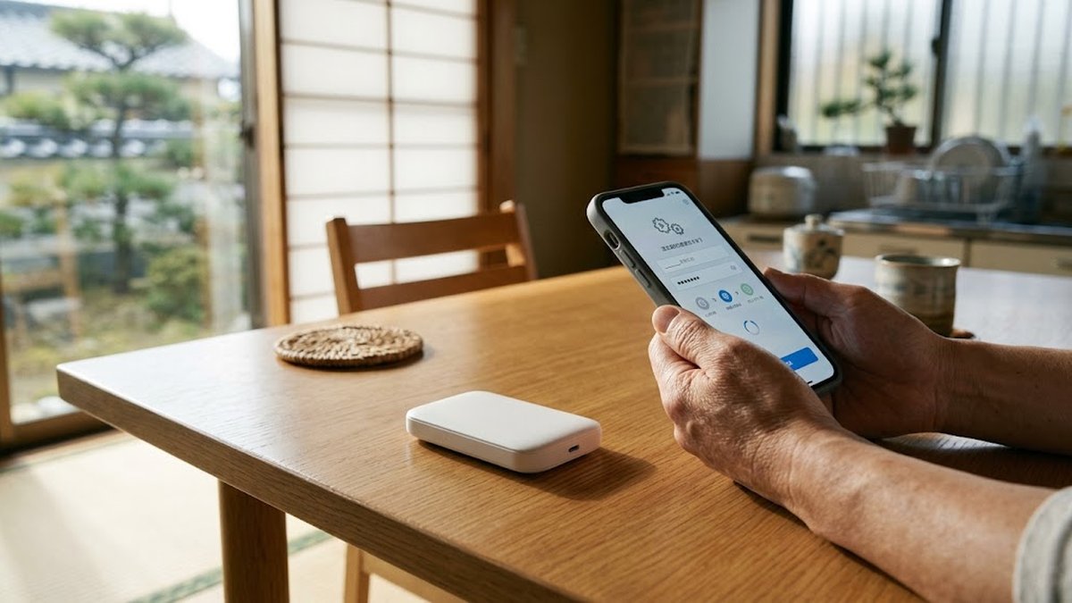 テーブルの上のモバイルWi-Fiルーターと、MANOMAアプリの設定画面を開いたスマートフォンを持つ手元