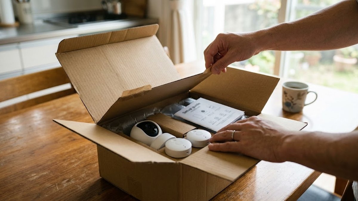 宅配の段ボール箱を開けて、白い室内カメラとスタートアップガイドを取り出す手元。MANOMAは申し込みから約1週間で機器が届く