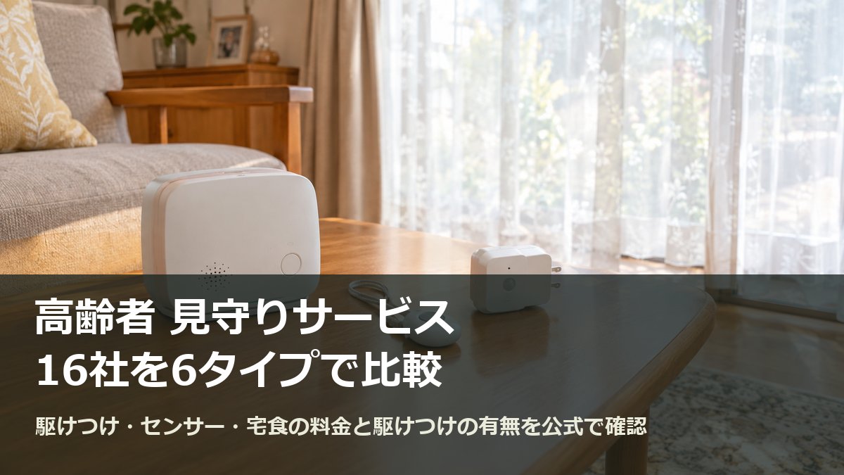 リビングのローテーブルに並んだ据え置き型の見守り機器・ペンダント型の緊急ボタン・プラグ型センサー（高齢者 見守りサービス16社を比較した記事のアイキャッチ）