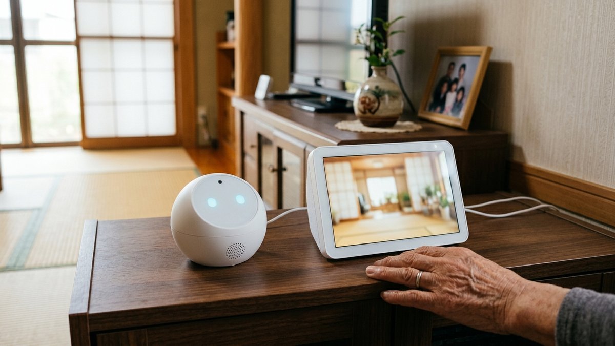 テレビ台の上の会話ロボットと画面付きスマートスピーカーに手を伸ばす高齢者の手（カメラ・会話型の見守りのイメージ）
