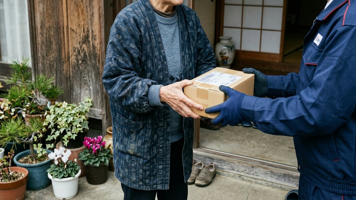 玄関先で配達員から小包を受け取る高齢女性の手元（訪問型の見守りサービスのイメージ）