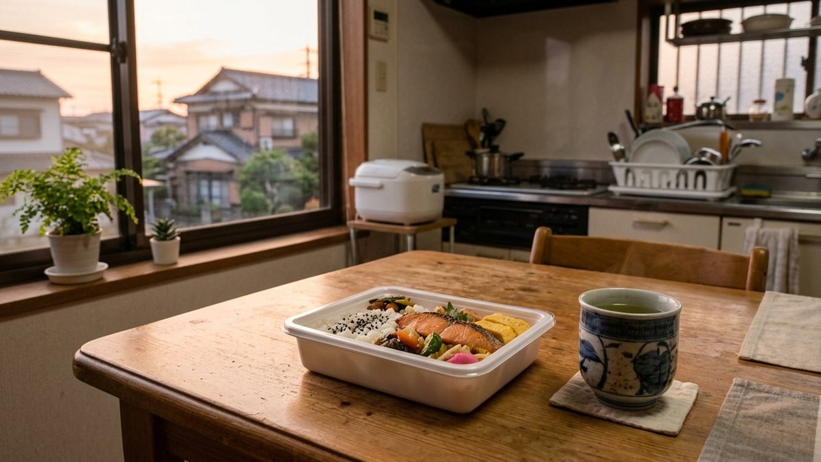 台所のテーブルに置かれた宅配のお弁当と湯のみ（宅食型の見守りサービスのイメージ）