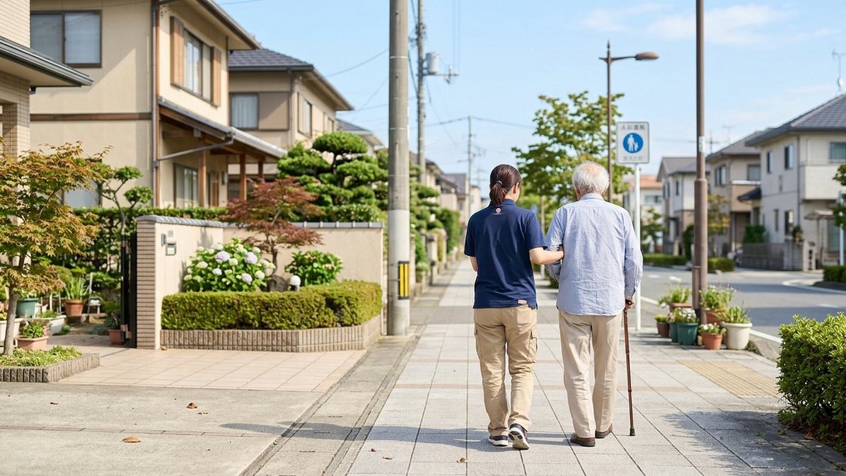 住宅街の歩道で介護スタッフが高齢男性の腕を支えて歩く後ろ姿（自費の訪問介護で見守るイメージ）