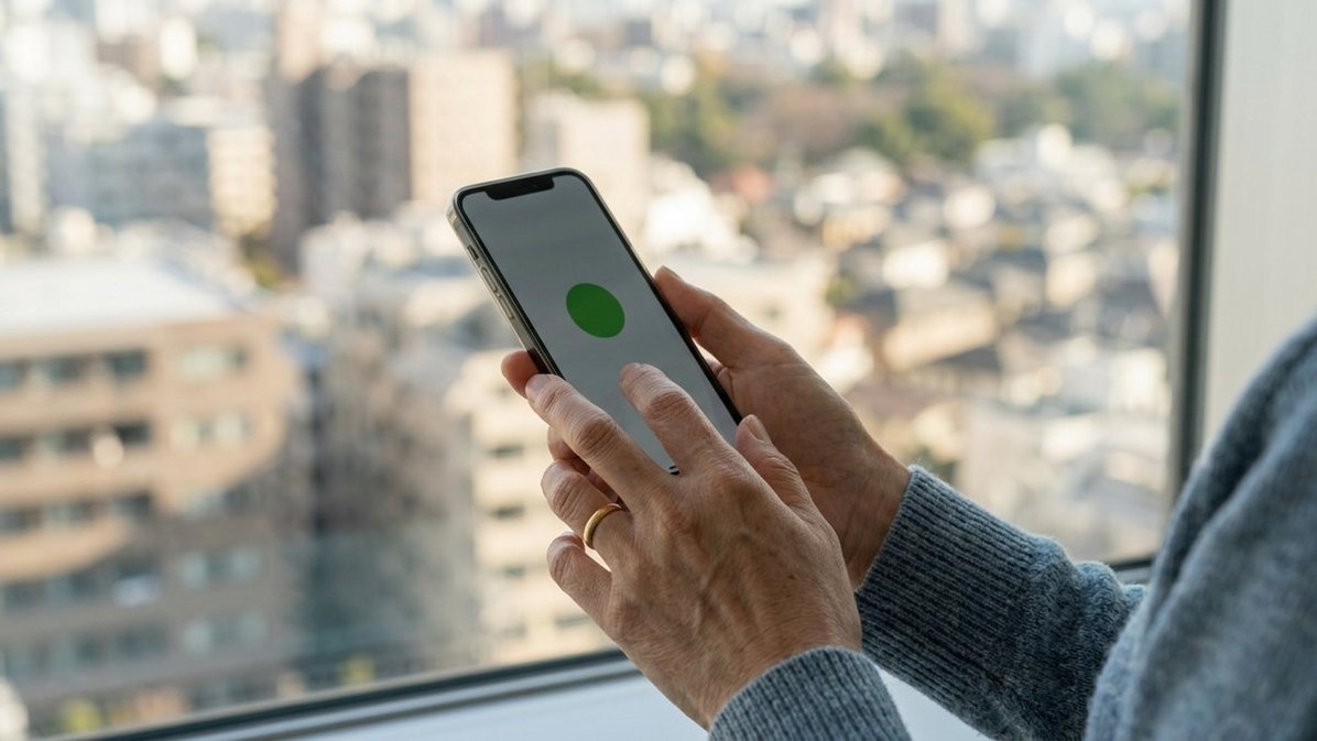 窓際でスマートフォンの通知を確認する女性の手元（高齢者 見守りサービスの選び方のイメージ）