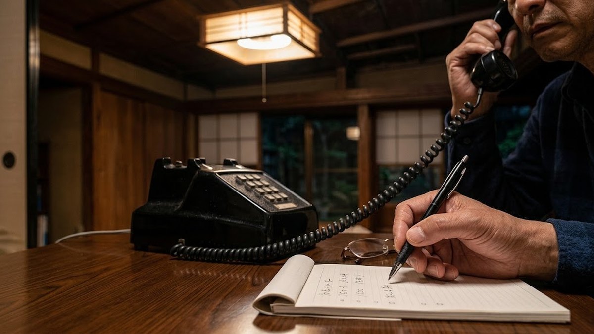 黒電話で話しながらメモを取る手元